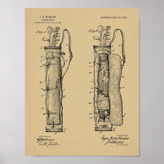 1905 Golf Club Caddy Bag Design Patent Art Print (Voorkant)