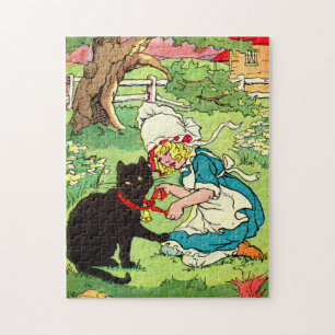 1905 meisje doet lint om haar zwarte kat legpuzzel