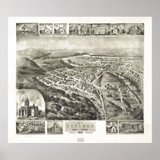 1905 Parsons, WV Bird's Eye Uitzicht Panorama Poster (Voorkant)