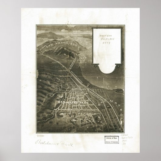 1905 San Mateo, CA Birds Eye Uitzicht Panoramic Ma Poster (Voorkant)