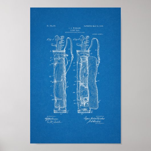 1905 Vintage Golf Bag Patent Blueprint Art Print (Voorkant)