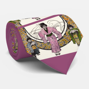 1906 Art Nouveau Japanse vrouw en kinderen Print Stropdas