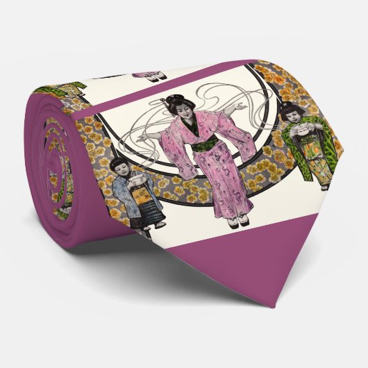 1906 Art Nouveau Japanse vrouw en kinderen Print Stropdas (Opgerold)