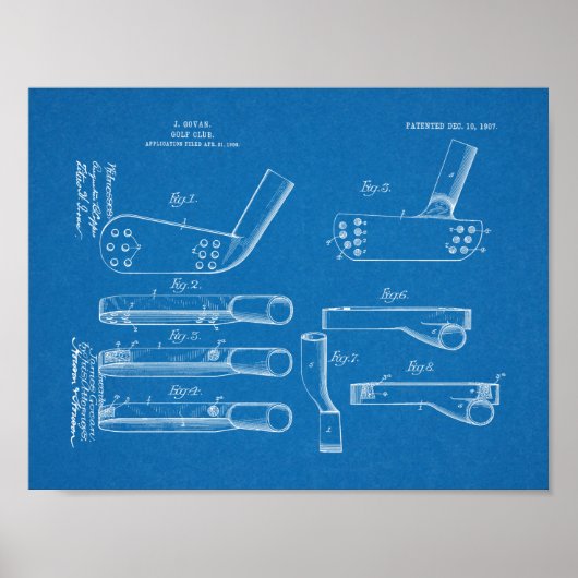 1907 Golf Club Head Patent Art Drawing Print (Voorkant)