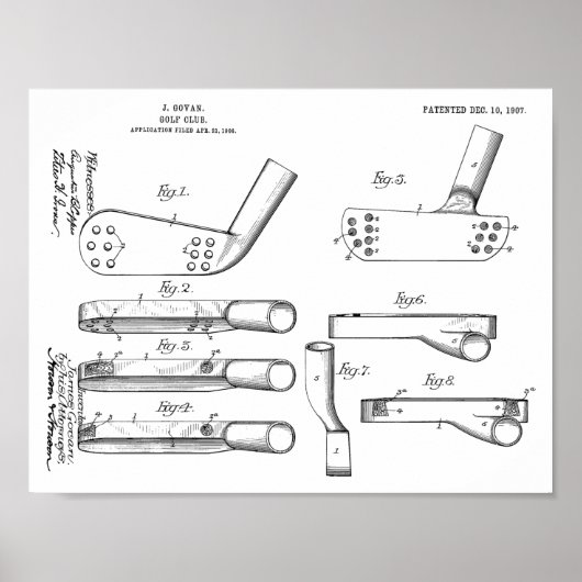 1907 Golf Club Head Patent Art Drawing Print (Voorkant)