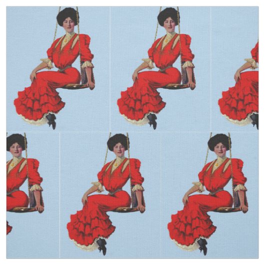 1907 mooie dame op een schommel print stof (Swatch)