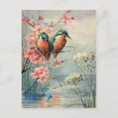 1907 Vintage Kingfishers and Blossoms Briefkaart (Voorkant)