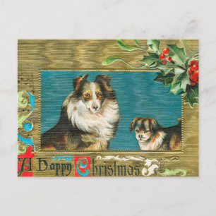 1908 Collie Dogs Gold Happy Kerstmis Feestdagenkaart