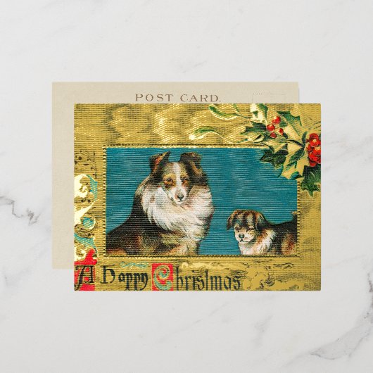 1908 Collie Dogs Gold Happy Kerstmis Gold Folie Feestdagen Briefkaart (Voorkant / Achterkant)