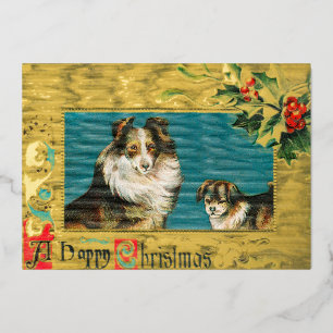 1908 Collie Dogs Happy Kerstmis Gold Folie Feestdagenkaart