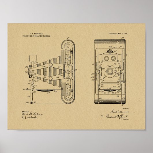 1908 Folding Camera Patent Art Drawing Print (Voorkant)