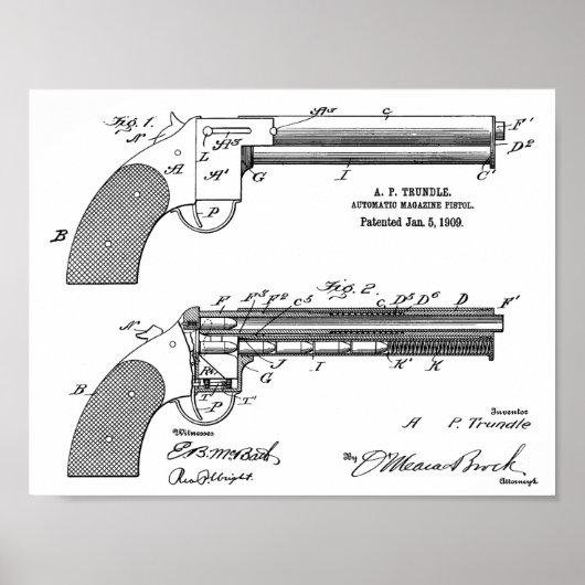 1909 Auto Pistool Patent Kunst Tekening Afdruk Poster (Voorkant)