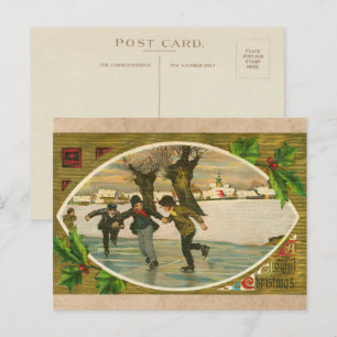  1909 jongens Ice Skating Gold Kerstmis Feestdagenkaart