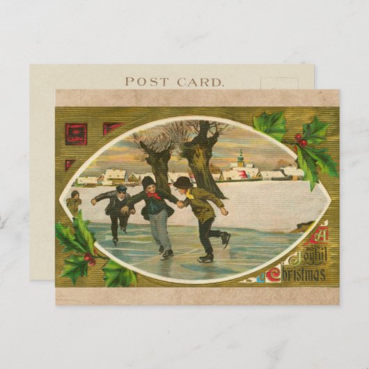 1909 jongens Ice Skating Gold Kerstmis Feestdagenkaart (Voorkant / Achterkant)