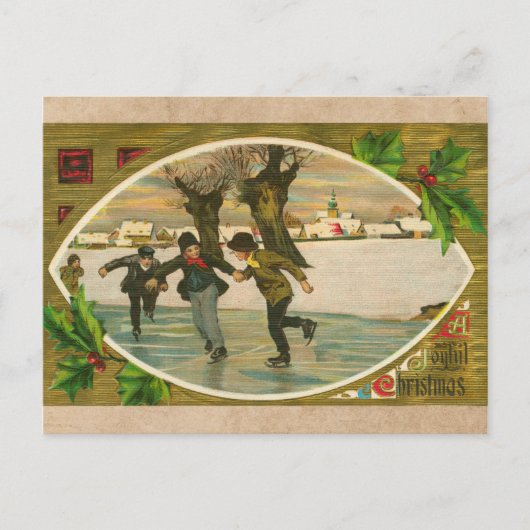 1909 jongens Ice Skating Gold Kerstmis Feestdagenkaart (Voorkant)