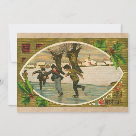 1909 jongens Ice Skating Gold Kerstmis Kaart (Voorkant)