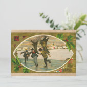 1909 jongens Ice Skating Gold Kerstmis Kaart (Staand voorkant)