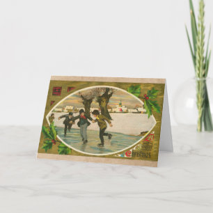  1909 jongens Ice Skating Gold Kerstmis Kaart