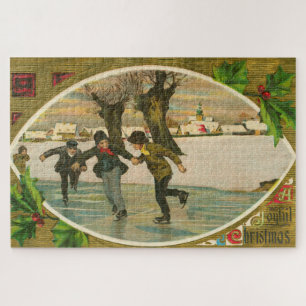 1909 jongens Ice Skating Gold Kerstmis Legpuzzel
