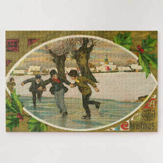  1909 jongens Ice Skating Gold Kerstmis Legpuzzel (Horizontaal)