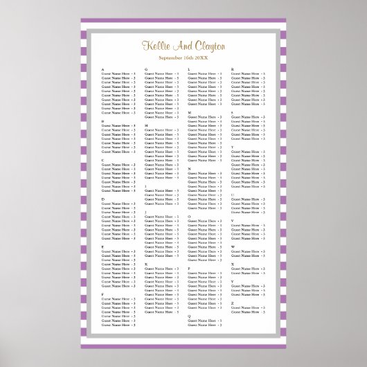 190 Paarse/Witte Stripes Wedding Seating Chart Poster (Voorkant)