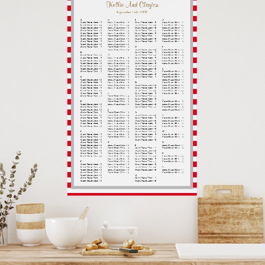 190 Rood/Witte Stripes Wedding Seating Chart Poster (Keuken)