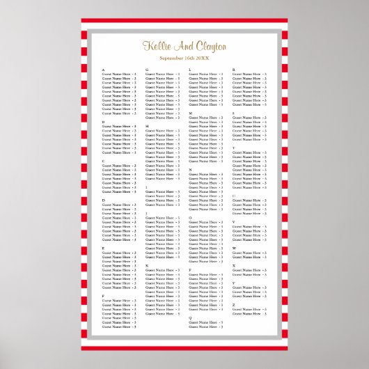 190 Rood/Witte Stripes Wedding Seating Chart Poster (Voorkant)