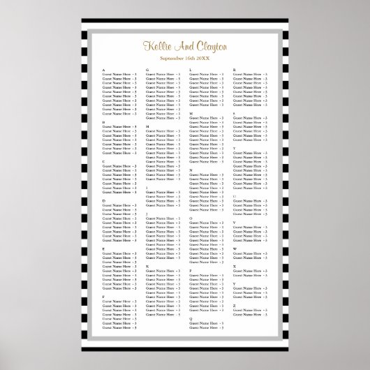 190 Zwarte/Witte Stripes Wedding Seating Chart Poster (Voorkant)