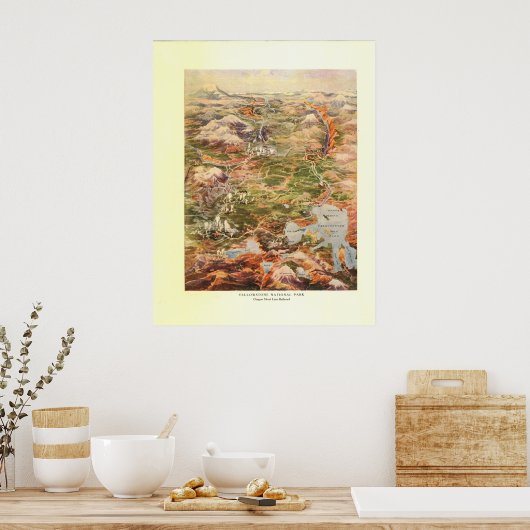 1910 Aerial Uitzicht Map - Yellowstone National Pa Poster (Keuken)