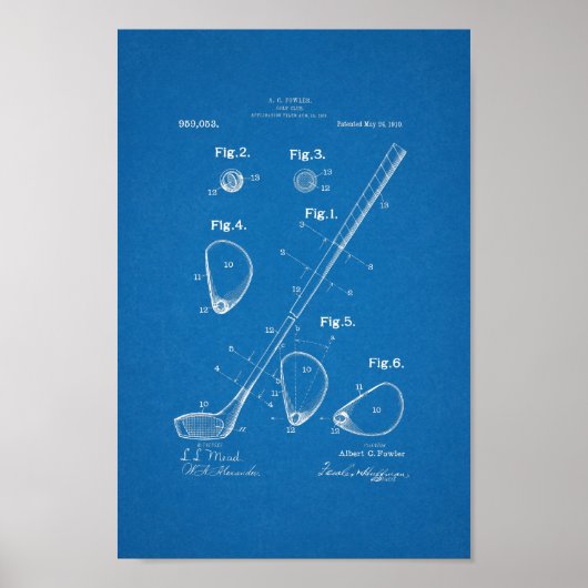 1910  Golf Club Patent Blueprint Art Print (Voorkant)