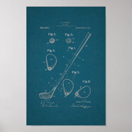 1910  Golf Club Patent Blueprint Art Print (Voorkant)