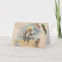  1910 Jolly Christmas Cat Fiddle Dog Koe Feestdagen Kaart