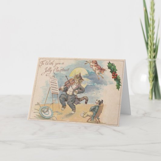1910 Jolly Christmas Cat Fiddle Dog Koe Feestdagen Kaart (Voorkant)