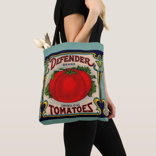 1910s Defender brand tomaten label Tote Bag (Dichtbij)
