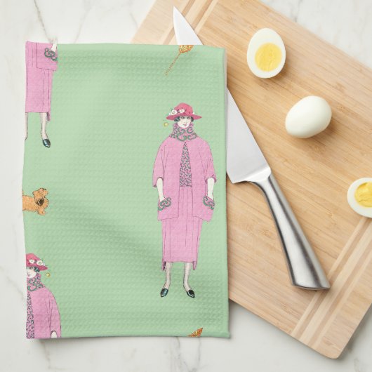 1910s Mode-illustratie Dame & Pekingees Hond Theedoek (Quarter Fold)
