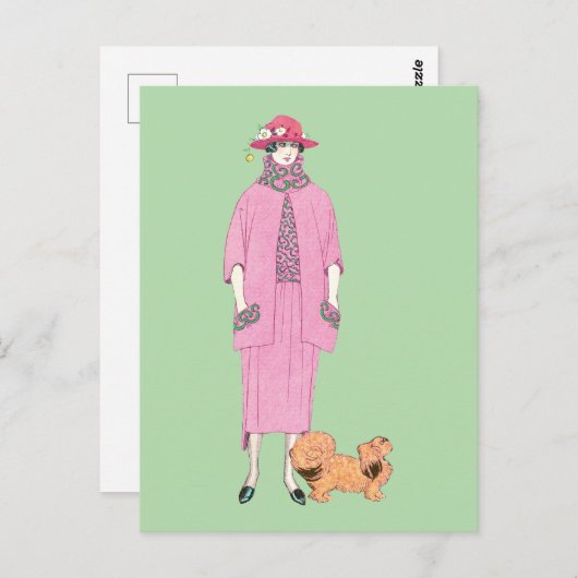 1910s Mode Illustratie Lady & Pekingese Dog Briefkaart (Voorkant / Achterkant)