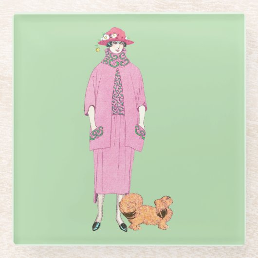 1910s Mode Illustratie Lady & Pekingese Dog Glazen Onderzetter (Voorkant)