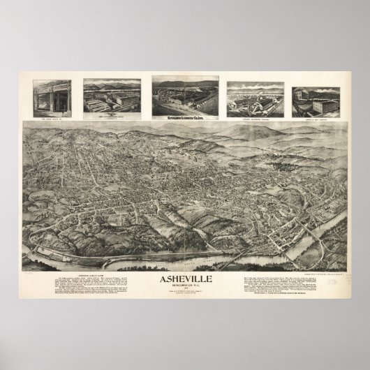 1912 Asheville, NC Birds Eye Uitzicht Panoramic Ma Poster (Voorkant)
