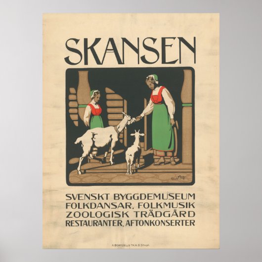 1912 Skansen Zweden Vintage Reisposter Kunst Poster (Voorkant)
