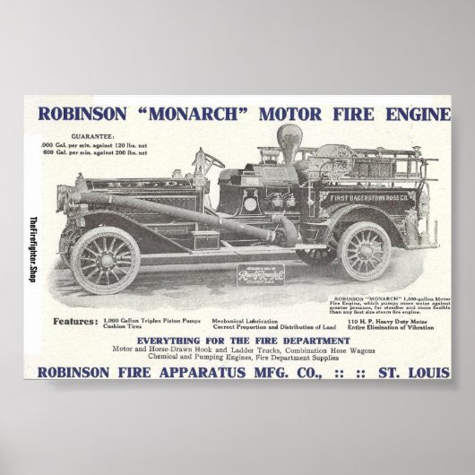 1913 Robinson "Monarch" Motorbrandweermotor Poster (Voorkant)
