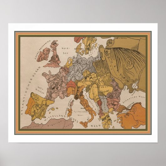 1914 Duitse WWI-kaart voor de Cartoon van Europa Poster (Voorkant)