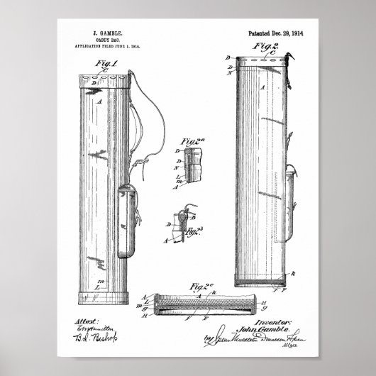 1914 Golf Caddy Club Bag Design Patent Art Print (Voorkant)