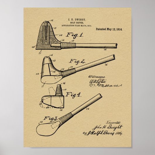 1914 Golf Club Driver Design Patent Art Print (Voorkant)