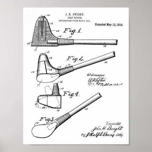 1914 Golf Club Driver Design Patent Art Print (Voorkant)