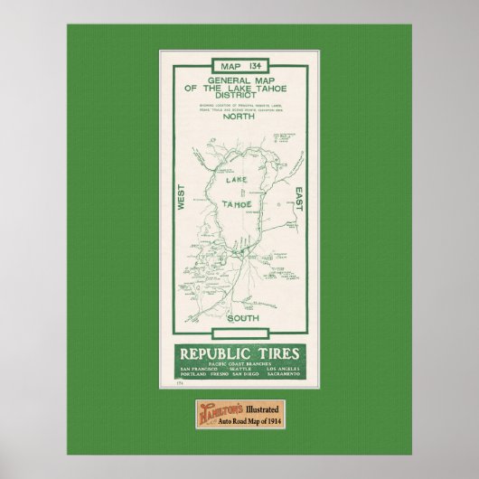 1914 Kaart van het meer van Tahoe Poster (Voorkant)