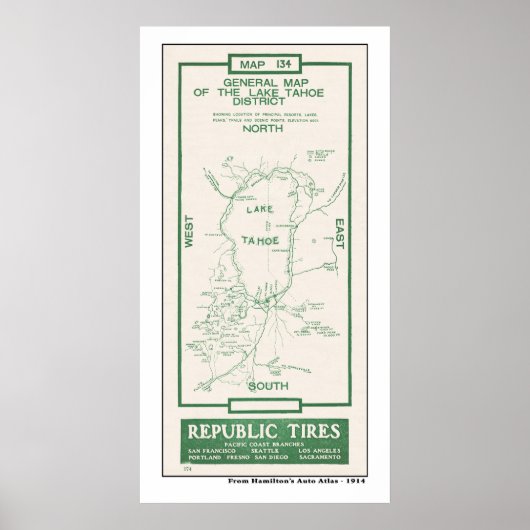 1914 Kaart van het meer van Tahoe Poster (Voorkant)