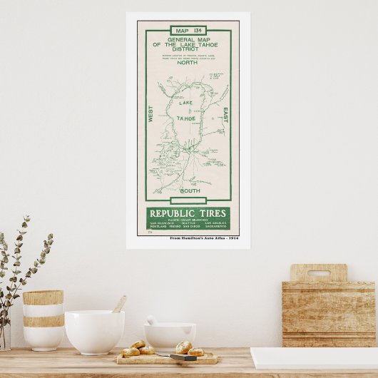 1914 Kaart van het meer van Tahoe Poster (Keuken)