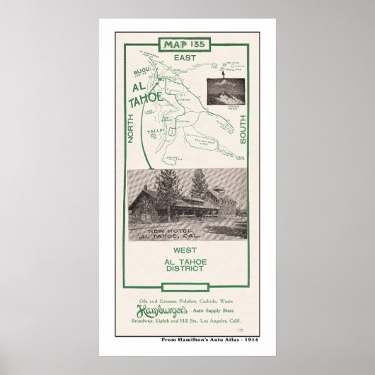 1914 Kaart van het Tahoe-gebied Poster (Voorkant)