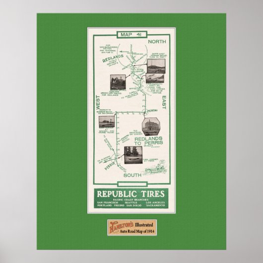1914 Map, Redlands to Perris Poster (Voorkant)