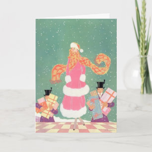 1914 Vrouw in roze met mannen die cadeaus dragen Feestdagen Kaart